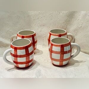 Von Pok & Chang Gingham White And Pink Plaid Ceramic 4.75" Mugs Set 4 NWOB